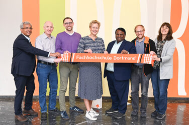 Group picture of international guests at Fachhochschule Dortmund. From left to right: Prof. Dr. Vinod Rjamani, Prof. Dr. Jörg Thiem, Prof. Dr. Stephan Weyers, Prof. Dr. Tamara Appel, Prof. Nataraj (R.V. College of Engineering) Prof. Dr. Franz Vogler, Dr. Ramona Schröpf__Group picture of international guests at Dortmund University of Applied Sciences and Arts. From left to right: Prof. Dr. Vinod Rjamani, Prof. Dr. Jörg Thiem, Prof. Dr. Stephan Weyers, Prof. Dr. Tamara Appel, Prof. Nataraj (R.V. College of Engineering) Prof. Dr. Franz Vogler, Dr. Ramona Schröpf.