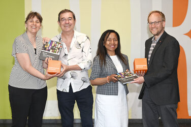 Group picture of international guests at Fachhochschule Dortmund. From left to right: Dr. Ramona Schröpf, Bruno Boudeau and Julie Rabodonirina (Sorbonne University), Prof. Dr. Franz Vogler __Group picture of international guests at Dortmund University of Applied Sciences and Arts. From left to right: Dr. Ramona Schröpf, Bruno Boudeau ans Julie Rabodonirina (Sorbonne University), Prof. Dr. Franz Vogler