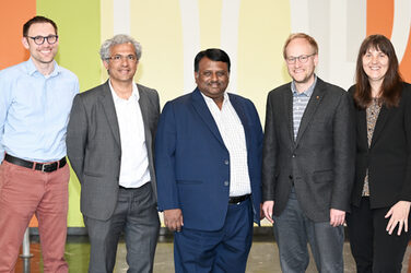 Group picture of international guests at Fachhochschule Dortmund from the . From left to right: Prof. Dr. Stephan Weyers, Prof.Dr. Vinod Rajamani, Prof. Nataraj (R.V. College of Engineering), Prof. Dr. Franz Vogler, Dr. Ramona Schröpf.__Group picture of international guests at Dortmund University of Applied Sciences and Arts from the . From left to right: Prof. Dr. Stephan Weyers, Prof. Dr. Vinod Rajamani, Prof. Nataraj (R.V. College of Engineering), Prof. Dr. Franz Vogler, Dr. Ramona Schröpf.