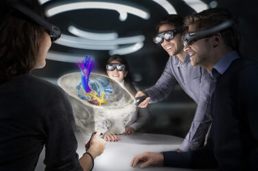 Four young people look at a cross-section of a human skull with various anatomical structures through virtual reality glasses.