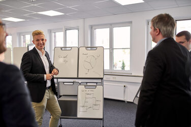 The picture shows a person standing in front of a holder with three smaller whiteboards. The person appears to be presenting or explaining something to three other people.