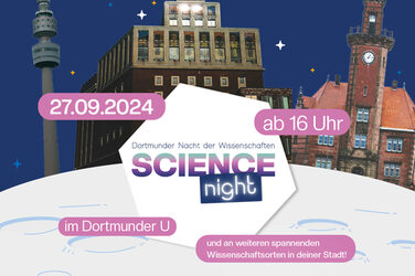 Plakatmotiv mit dem Dortmunder U-Turm, dem Fernsehturm und dem alten Hafenamt, dazu mehrere Textfelder, die Datum und Uhrzeit der Science Night beinhalten.