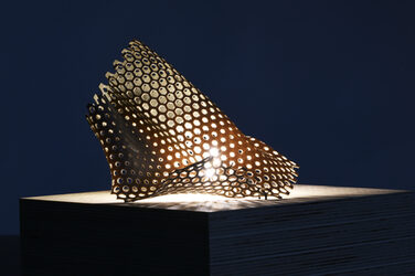 Night shot of an illuminated, sculptural luminaire on a wooden base with generatively manufactured elements