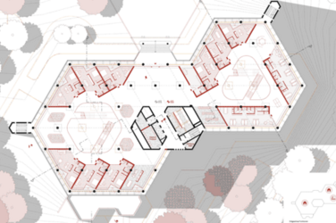 Ein detaillierter Grundriss zeigt mehrere hexagonale Gebäudeteile mit klar erkennbaren Räumen, Erschließungen und Möblierungen. Geländelinien und Baumsymbole rahmen das Gebäude ein.