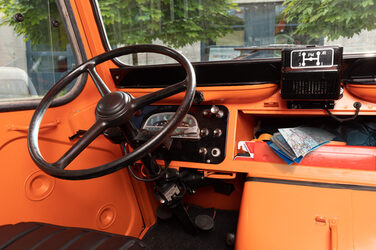 Interior of the HY. The photo shows the Citroën HY driver's area with the steering wheel and the view out of the windshield.