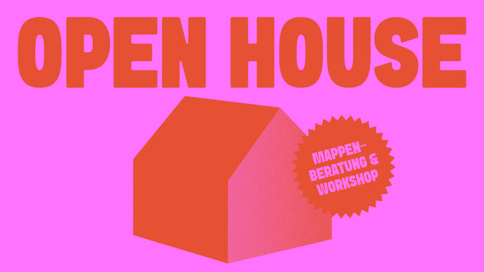 Grafik mit pinkem Hintergrund. In großen, roten Großbuchstaben steht oben "OPEN HOUSE". Darunter ist ein stilisiertes rotes Haus abgebildet. Auf der rechten Seite des Hauses befindet sich ein rotes Sternsymbol mit dem Text „Mappenberatung & Workshop“ in heller Schrift.