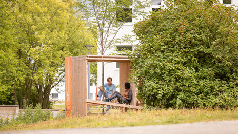 Foto von 2 Studierenden, die in einem Holzwürfel, der mit Sitzgelegenheiten ausgestattet ist, sitzen und sich unterhalten. In der Mitte des Würfels, ist ein Baumgepflanzt.