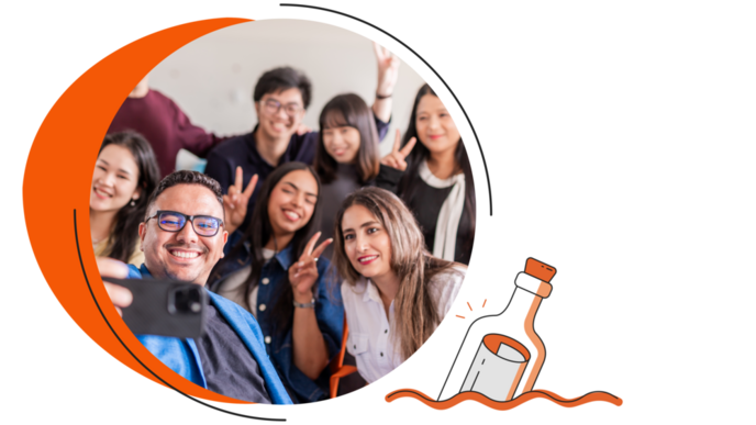 Eine Gruppe von Alumni posiert gemeinsam für ein Selfie; daneben ist eine stilisierte Darstellung einer Flaschenpost abgebildet.