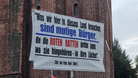 Plakat auf einer Kundgebung der AfD in Cottbus