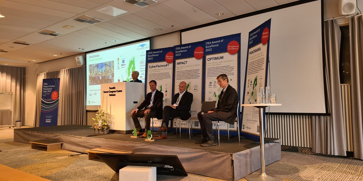 Award ceremony for the four winners of the 2022 ITEA Award of Excellence. People from left to right: <br>Maria Rimini-Döring, Adrien Philippe Bécue, Robert Hofsink, Jean-François Lavignon