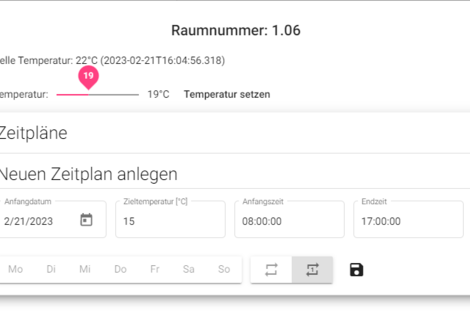 Softwareoberfläche zum Einstellen und planen der Raumtemperatur eines Büros an Tagen, Monaten und Uhrzeiten.