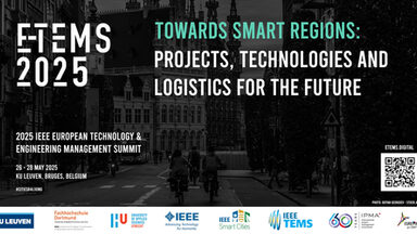 Banner der E-TEMS 2025. Im Hintergrund ist ein dunkles Foto der Innenstadt von Brügge. Davor steht in heller Schrift: „E-Tems 2025 - 2025 IEEE European Technology & Engineering Managment Summit - 26 - 28 May 2025, KU Leuven, Bruges, Belgium - #CITIESR4LIVING“. Auf der rechten Seite steht der Slogan „Towards Smart Regions: Projects, Technologies and Logistics for the Future“. Am unteren Bildrand sind die Logos der Partner: KU Leuven, Fachhoschule Dortmund, University of Applied Sciences Utrecht, IEEE Advancing Technology for Humanity, IEEE Smart Cities, IEEE TEMS, 60 Years IPMA - international project managment association, EURO PIM - Go Study Europe