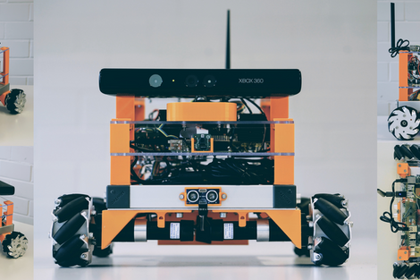 Demonstrator für mobile Roboter. Zusammenbau mit Platinen, elektronischen Geräten und 4 Rädern.