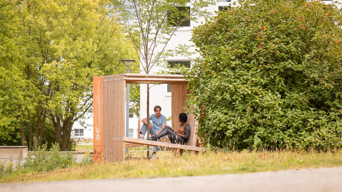 Foto von 2 Studierenden, die in einem Holzwürfel, der mit Sitzgelegenheiten ausgestattet ist, sitzen und sich unterhalten. In der Mitte des Würfels, ist ein Baumgepflanzt.