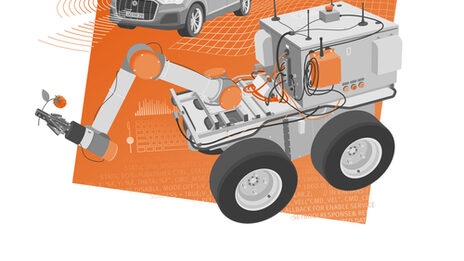 Key visual of the Robotics-AG: Illustration of a mobile robot with gripper arm, a drone and a car. Backed on an orange-colored tilted square and semi-transparent line graphics with code, diagrams and a layer grid.