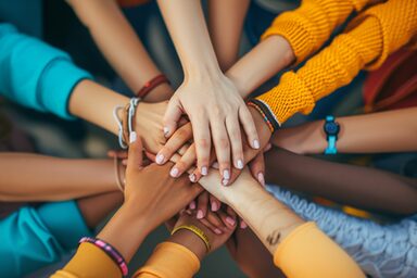 The hands of people of different skin colors touch each other.