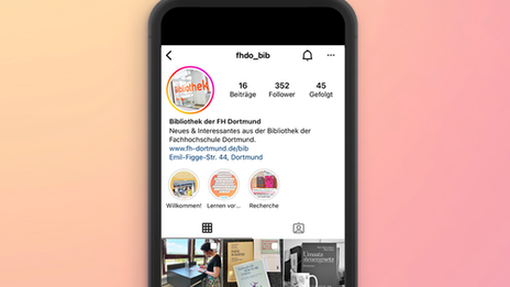 A smartphone in front of a yellow and pink background. The display shows a screenshot from the Fachhochschule Dortmund library's Instagram page.