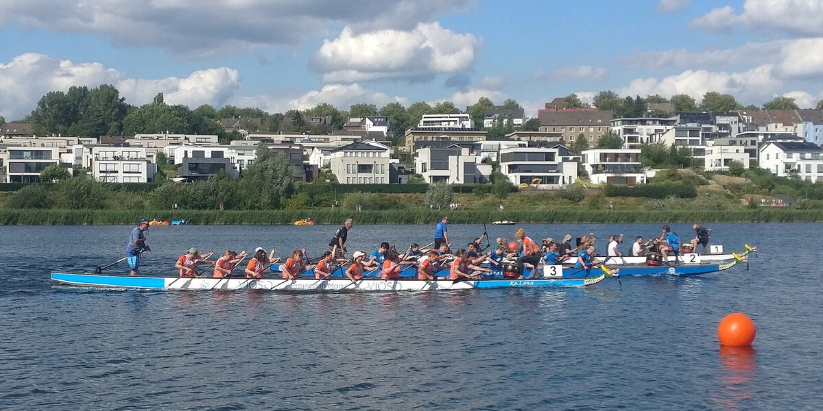 Auf einem See fahren mehrere Boote mit jeweils vielen Paddlern.