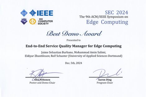 Eine Urkunde für den "Best Demo Award" auf dem 9. ACM/IEEE Symposium