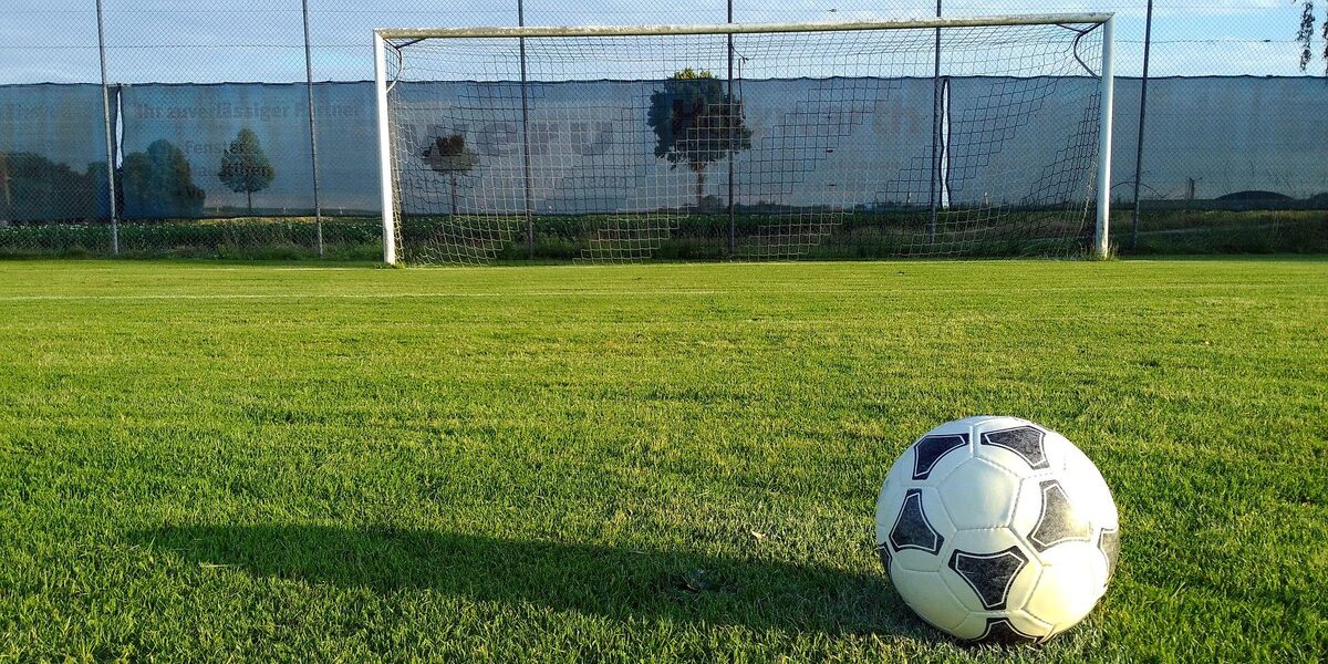 Ein Fußball liegt auf dem Rasen eines Fußballplatzes vor einem Tor.