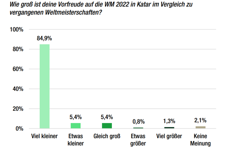 Die Grafik aus der FanQ-Studie zur WM in Katar zeigt, dass 84,9 Prozent der Befragten angeben, dass ihre Vorfreude auf die WM \"viel kleiner\" ist im Vergleich zu vergangenen Weltmeisterschaften.