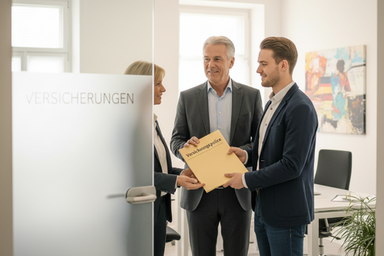 Ein älterer Versicherungsberater übergibt einer jüngeren Kollegin geordnete Unterlagen in einem hellen, realistischen Büro. Auf einem Ordnerrücken steht „Versicherungspolice“, an einer Glaswand dezent „Versicherungen“.