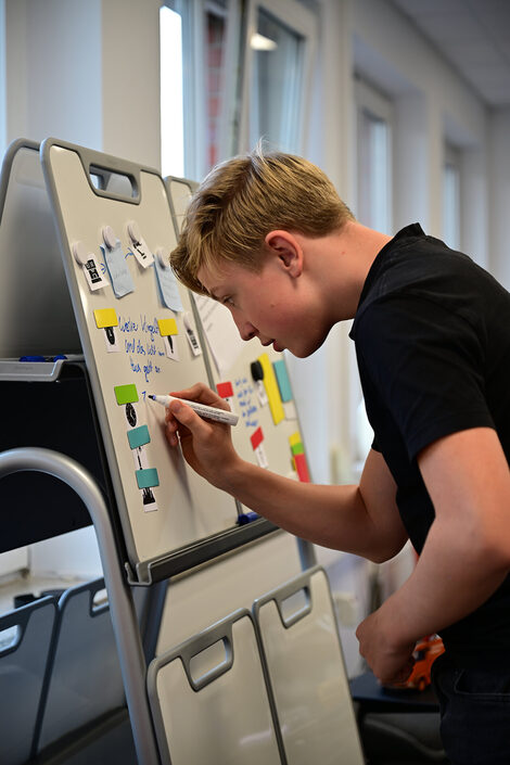 Ein Schüler beschriftet ein Whiteboard mit einem Stift. Mit Magnete sind Piktogramme zum zu erarbeitenden Szenario angeheftet.