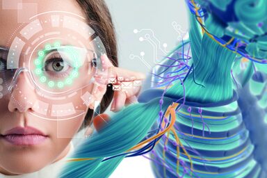 On the left is a woman wearing glasses with a button on the side, which she presses. There are circles and shapes around her left eye and other symbols to her left. On the right is a 3D illustration of a person without a layer of skin, showing bones, muscles and nerves.
