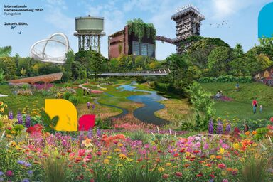 The illustration shows the Hanse coking plant in Dortmund, which is surrounded by colorful blossoming nature.