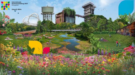 Die Illustration zeigt die Kokerei Hanse in Dortmund die von einer bunt blühenden Natur umschlossen ist.