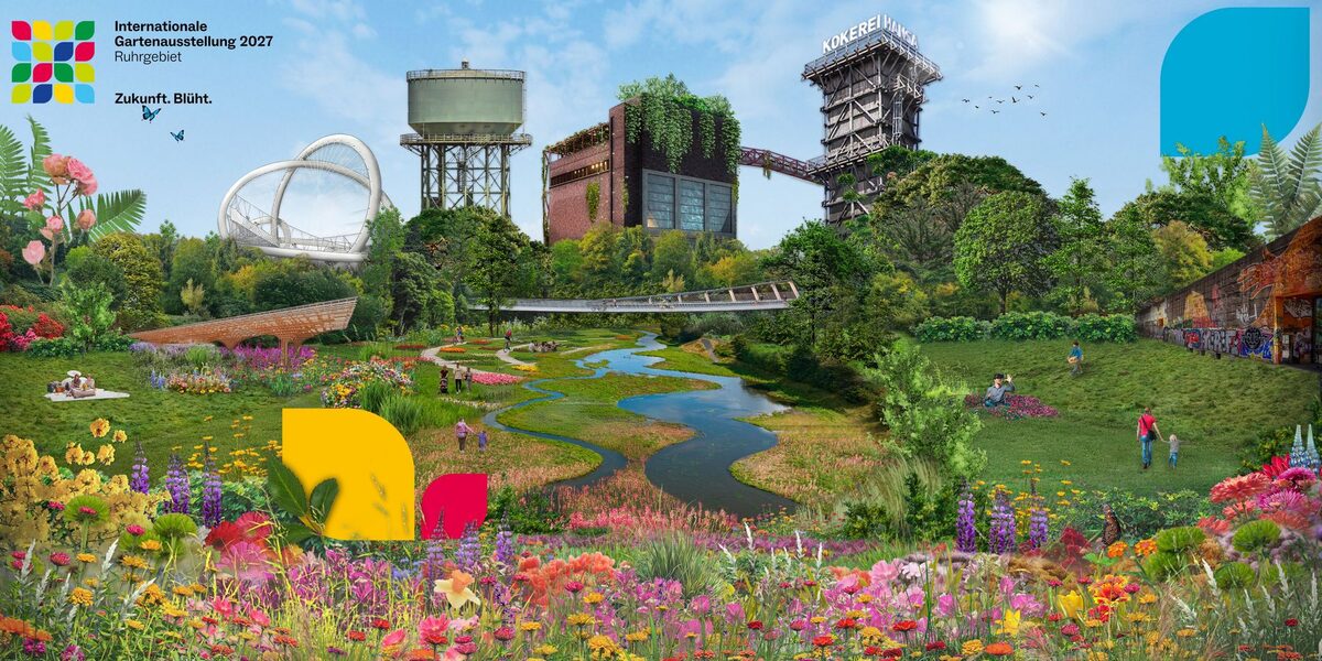 Die Illustration zeigt die Kokerei Hanse in Dortmund die von einer bunt blühenden Natur umschlossen ist.