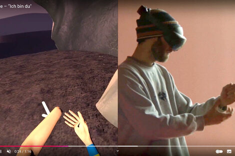 Screenshot of a YouTube video: A digital scene on the left, two forearms protruding into the picture from below, with the left hand missing; on the right, a real scene with a person wearing VR glasses and holding their hands in the same way as in the digital scene on the left.