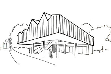 Eine Strichzeichnung des Entwurfs mit markantem Sägezahndach. Unter dem Dach befinden sich Glaswände und eine Treppe, umgeben von einigen stilisierten Personen.