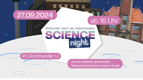 Plakatmotiv mit dem Dortmunder U-Turm, dem Fernsehturm und dem alten Hafenamt, dazu mehrere Textfelder, die Datum und Uhrzeit der Science Night beinhalten.