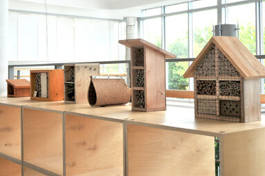A series of differently designed insect hotels made of wood and natural materials, displayed on a wooden shelf in a bright, modern interior with large windows.