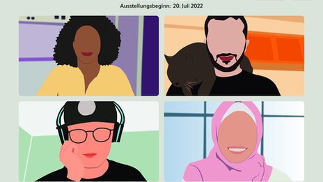 Oberfläche eines Digitalen Online-Meetings mit Beschreibung: Studieren 2.0 Ausstellungsbeginn 20. Juli 2022, darunter Illustrationen von vier Personen.