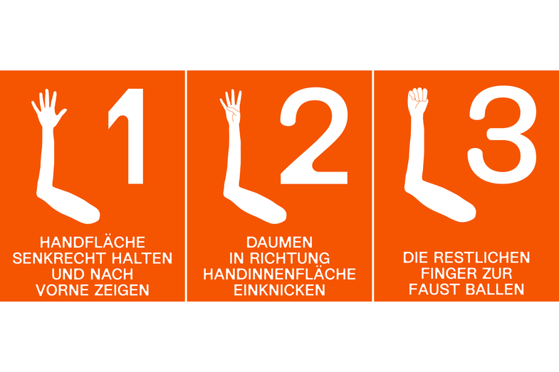 Drei Illustrationen erklären, wie der Stille Hilferuf signalisiert wird: Die Handfläche zunächst senkrecht halten und nach vorne zeigen. Dann den Daumen in Richtung Handinnenfläche einknicken. Schließlich die restlichen Finger zur Faust ballen.