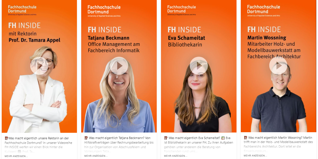 Screenshot einer Website mit Videos von Mitarbeitenden der FH Dortmund