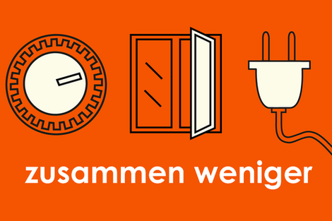 Eine Grafik die ein Heizungsventil, ein geöffnetes Fenster und einen Stecker zeigt. Darunter der Schriftzug: Zusammen weniger.