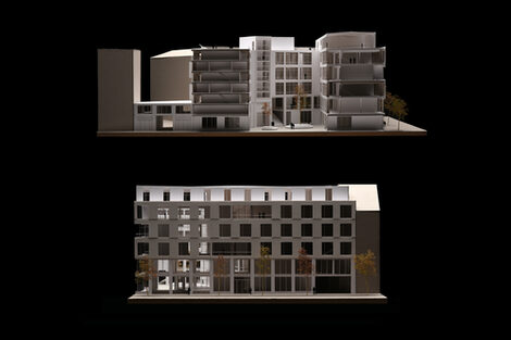 Two images of the architectural model, the upper one is cut so that you can see the inner structure of the building, below is a frontal view of the model from the outside.