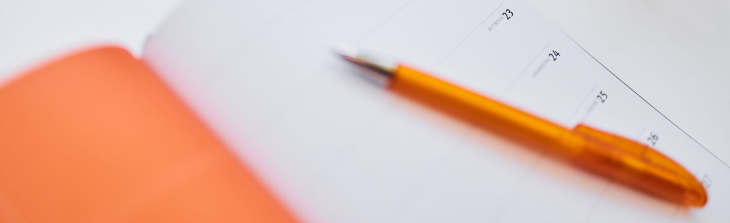 Photo of an open diary and a ballpoint pen lying on a table. Behind them is a laptop and a small flower pot in the cut.