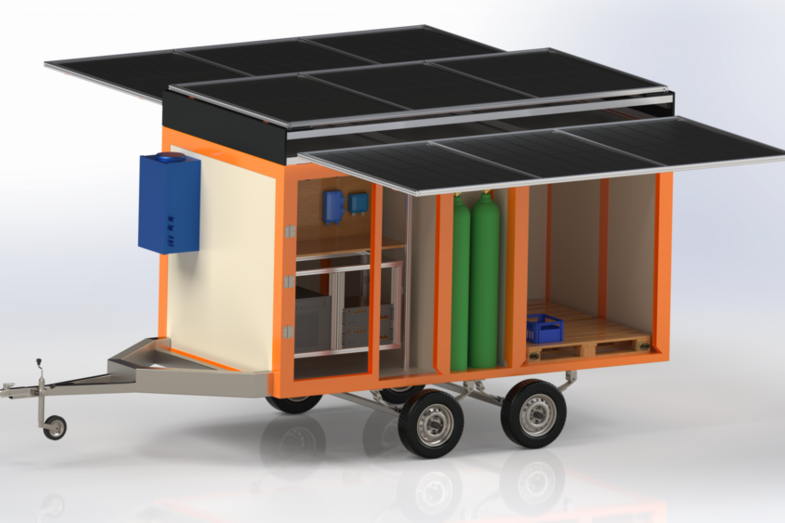 3D-Computer-Model eines Anhängers mit Solarzellen auf dem Dach.