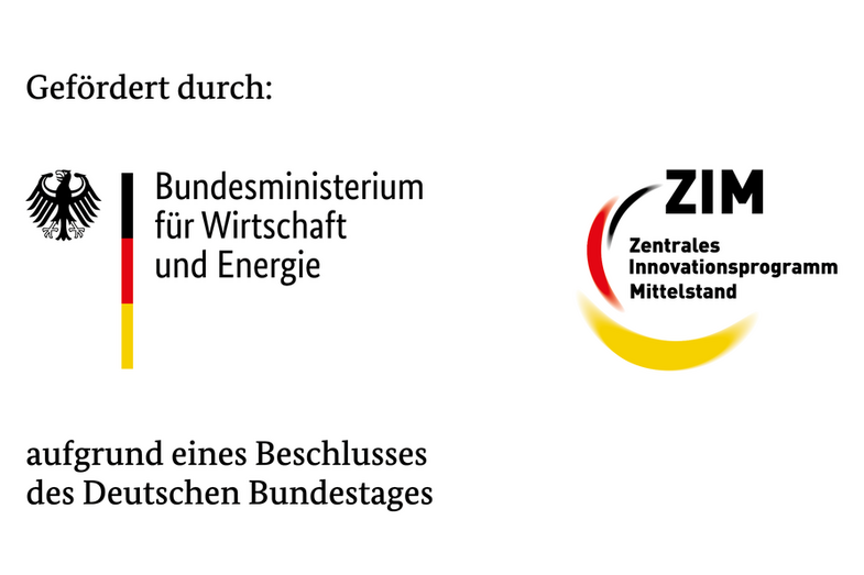 Förderlogos mit dem Text „Gefördert durch:“. Darunter links als Logo vom Bundesministerium für Wirtschaft und Energie. Rechts das Logo ZIM - Zentrales Innovationsprogramm Mittelstand. In der dritten Zeile ist zu lesen: aufgrund eines Beschluss des Deutschen Bundestags