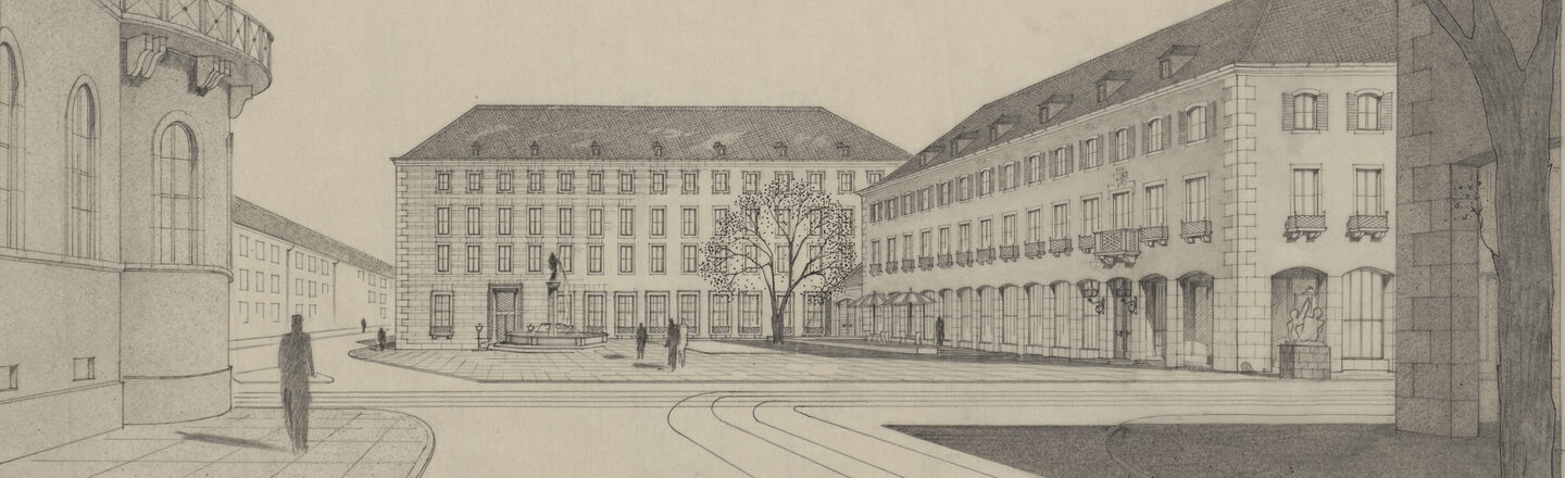 Perspective drawing of Luisenplatz in Darmstadt with the design for the Reichsbank extension and the Hotel Aachener Ho