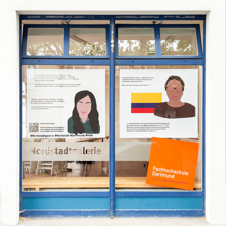 Windows of the Nordstadtgalerie with illustrated student portraits and quotes