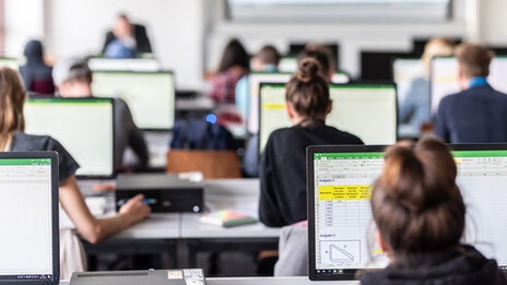 Blick von hinten in den Computerraum mit Studierenden, auf den Monitoren sind zum Teil Excel-Tabellen erkennbar.