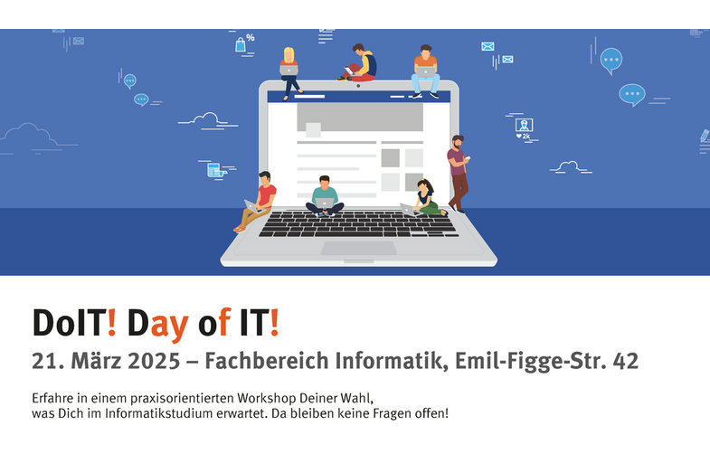 Ein Auschnitt aus dem DoIT Plakat 2025. Ein überdimensionierter Laptop, auf dem sich Menschen bewegen, auf blauen Hintergrund mit technischen Symbolen.