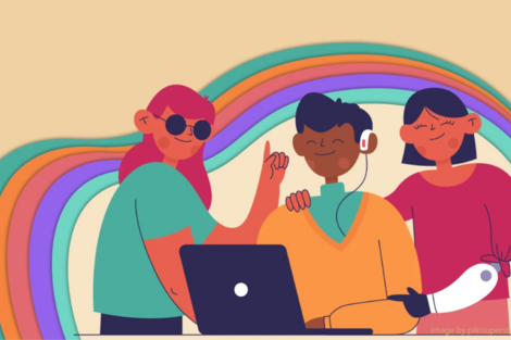 Die Illustration zeigt drei Personen, eine mit dunkler Brille, eine mit Hörgerät und eine mit Armprothese. Sie haben einen Laptop vor sich und lächeln. Um sie herum verläuft ein regenbogenähnliches Muster.
