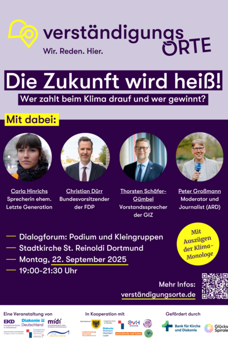 Plakat zur Veranstaltung mit Fotos der Personen auf dem Podium