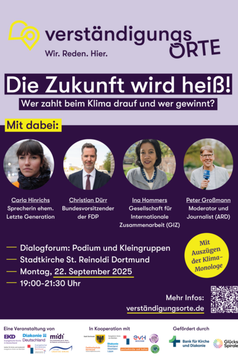 Plakat zur Veranstaltung mit Fotos der Personen auf dem Podium